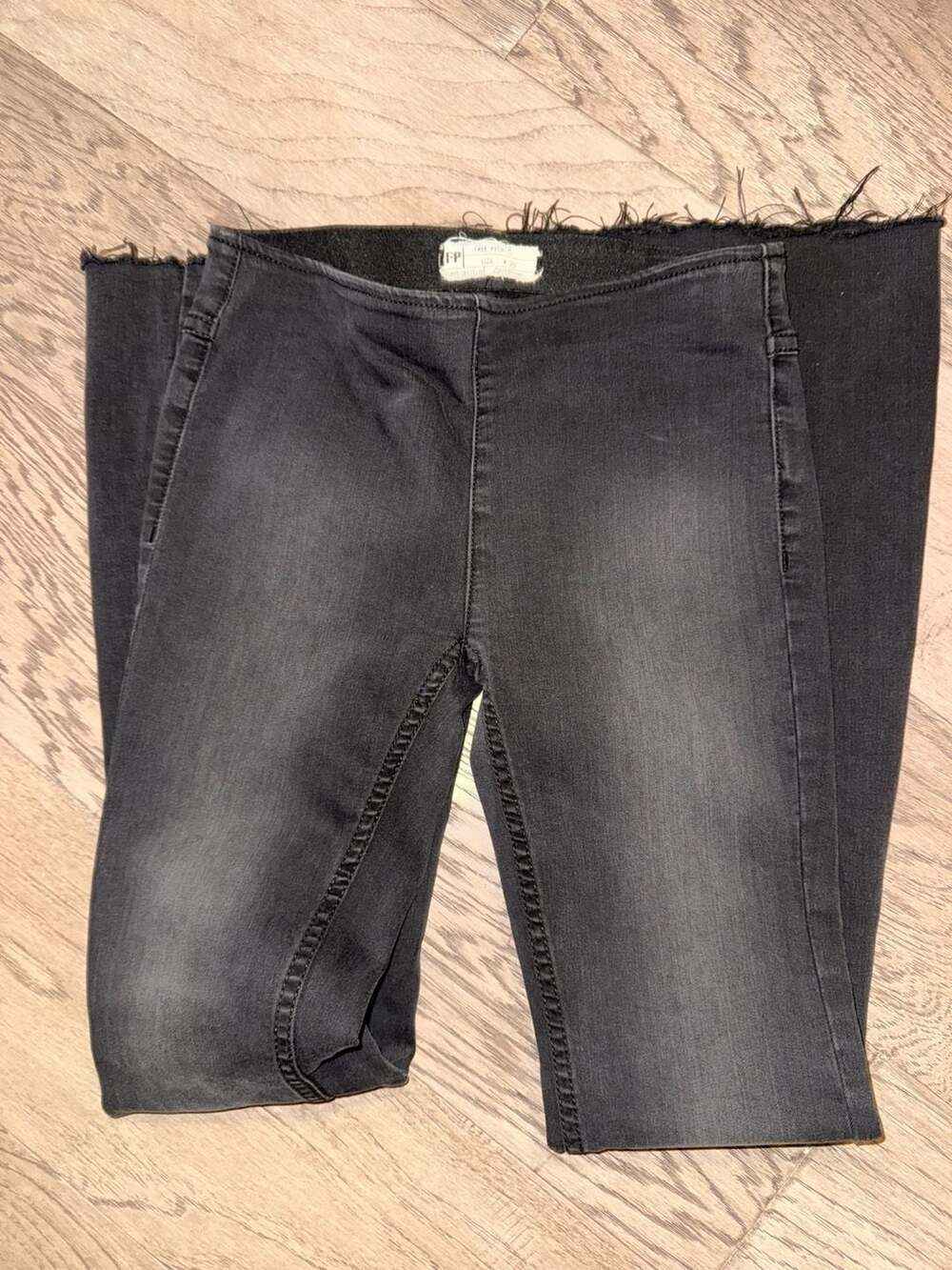 Free People Black Denim Super Flare Raw Hem Pull-On Jeans Size 25